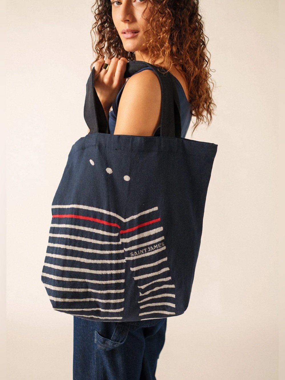 Saint James Navy Canvas Tote with White and Red Stripes